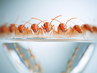 Line of orange ants walking on a glass surface with a light blue background in macro view