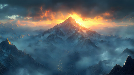 Majestic Mountain Peak at Sunset with Dramatic Lighting