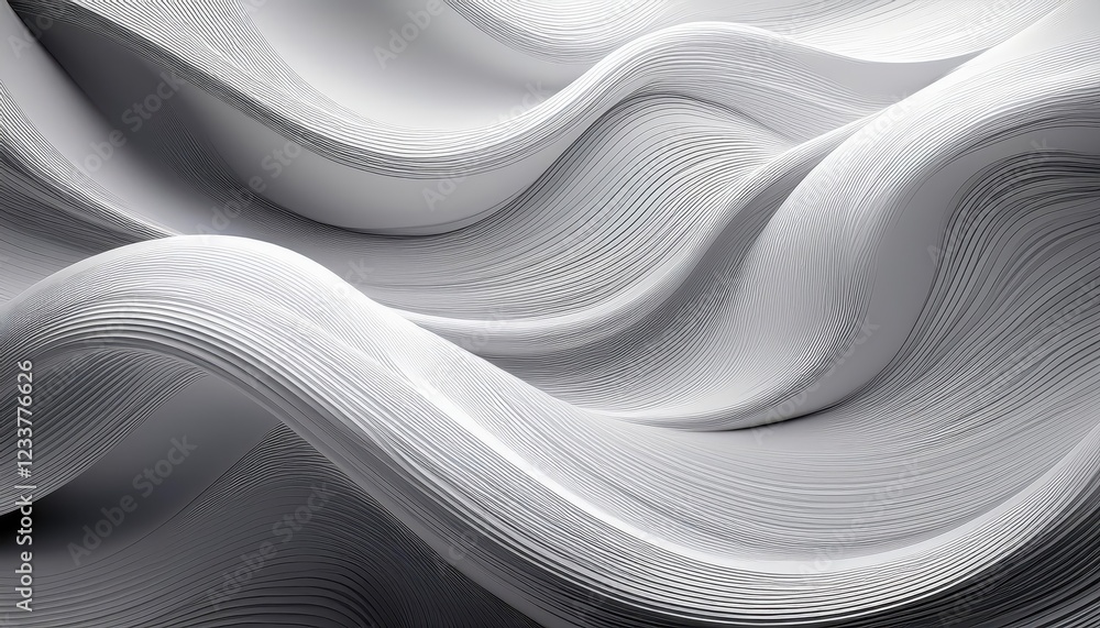 Poster striking wavy abstraction in white and gray, showcasing a mesmerizing mix of fluid curves and dynami