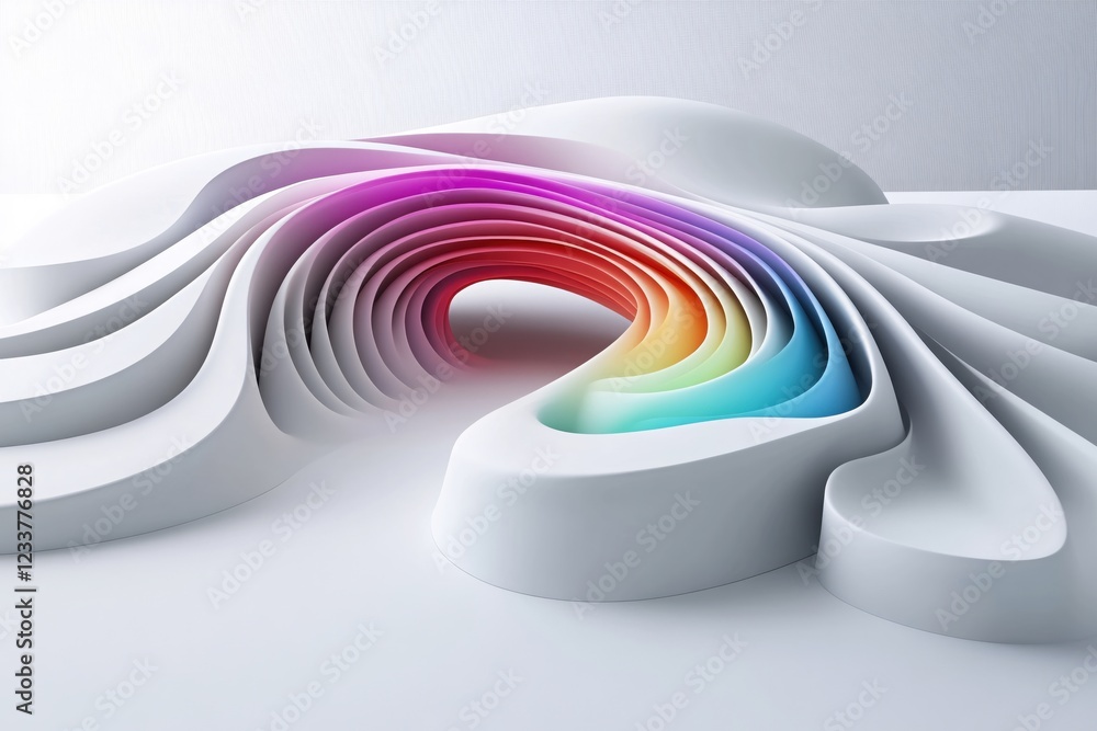 Poster abstract white structure with rainbow gradient in a smooth curved shape on a white surface