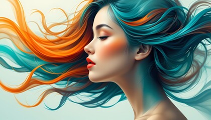 Abstract portrait of a woman with vibrant teal and orange hair.