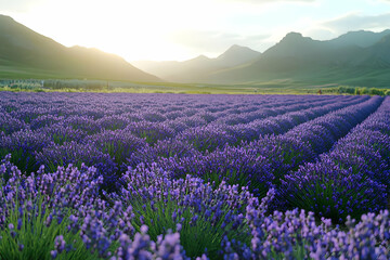 Naklejka premium Tranquil Lavender Field at Sunset with Mountain Background