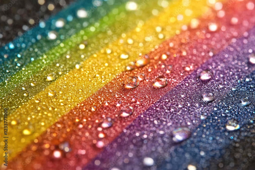 Poster rainbow surface with water droplets reflecting light in a close up abstract view