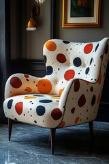 Colorful polka dot patterned armchair in a stylish living room with elegant decor