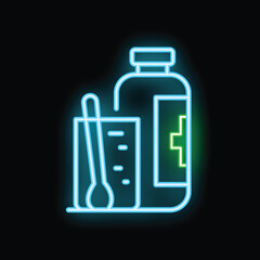 Neon sign illustrating a bottle of cough syrup with a measuring cup and spoon resting on a countertop