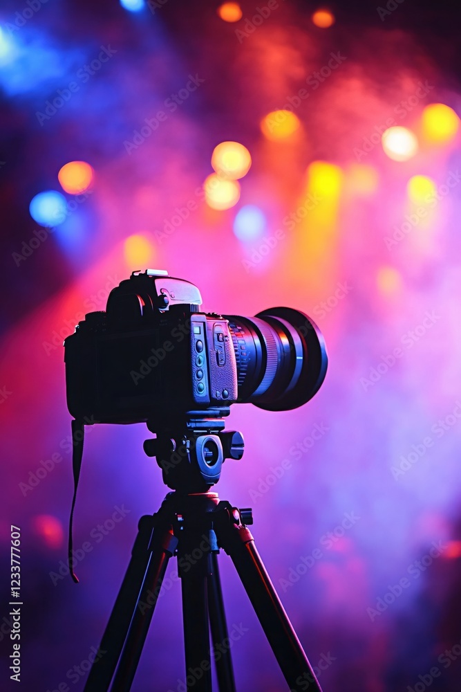 Aufkleber camera on tripod against colorful stage lights creating a vibrant and dynamic atmosphere