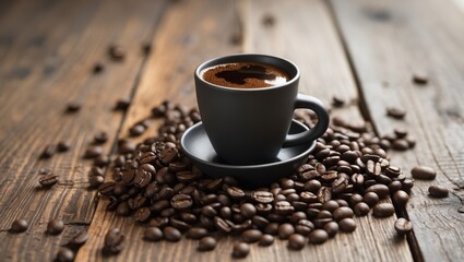 Rich coffee served in a dark cup surrounded by roasted coffee beans on wooden table