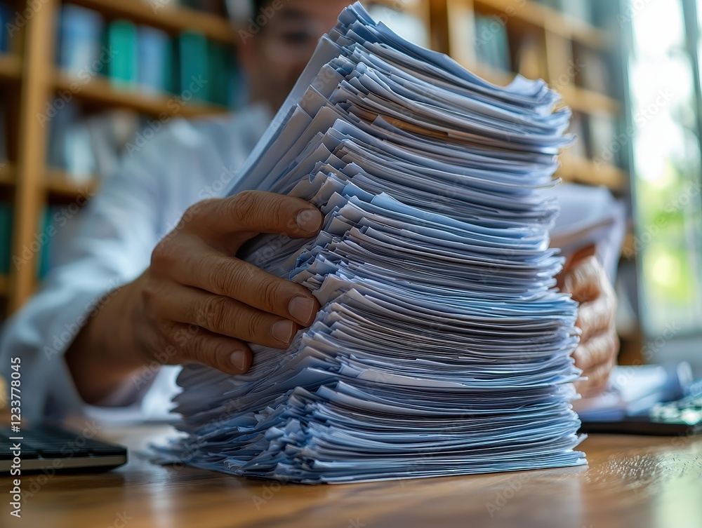 Poster a person reviewing a large stack of documents on a desk.