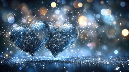 love hearts on a dark background with bokeh lights and particles