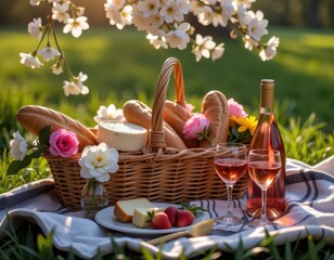 Enjoying a delightful picnic with fresh bread, cheese, strawberries, and rose wine in a blooming spring park