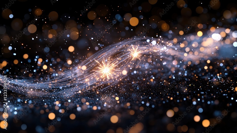Poster abstract light trails with glowing particles in dark background
