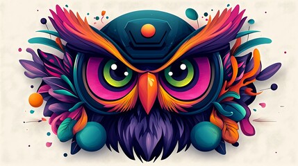 Fototapeta premium Vibrant stylized owl illustration with colorful foliage and abstract elements in a whimsical design