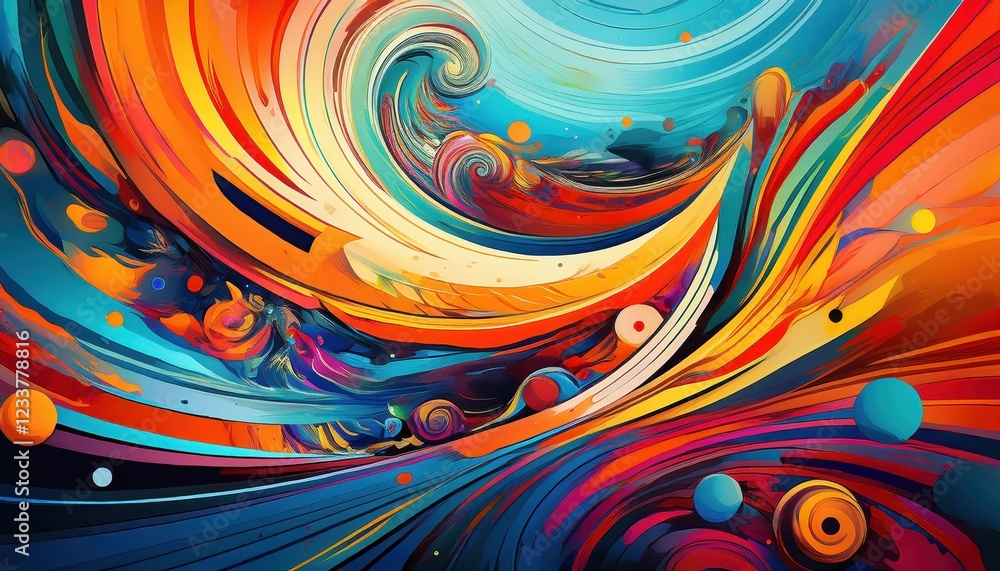 Poster vivid whirlwind of abstract shapes and lines on a striking background, infusing the composition with