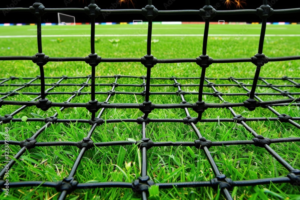 Poster a close-up view of a soccer goal netting against a background of vibrant green grass, showcasing the