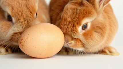 Two Adorable Brown Rabbits Curiously Inspecting a Single Brown Egg on a Clean White Surface in a Close-Up Capture of Spring Playfulness and Innocence