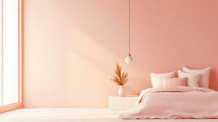 A modern minimalist bedroom features a soft peach fuzz color on the empty wall, creating a serene and stylish atmosphere.