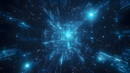 Exploring the depths of generative AI through dynamic digital landscapes filled with glowing particles. Generative AI