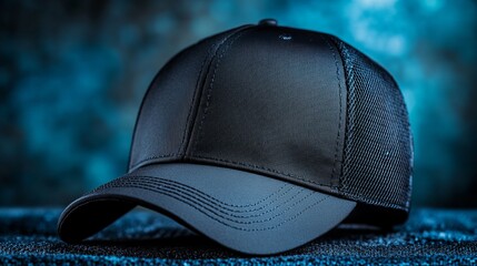Black Baseball Cap on Textured Background with Soft Focus and Cool Tones