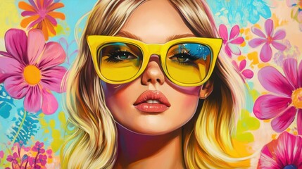 A modern pop art painting depicting a young, beautiful blonde woman wearing yellow sunglasses.