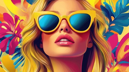A modern pop art painting depicting a young, beautiful blonde woman wearing yellow sunglasses.