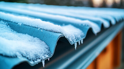 Frosty Metal Roof with Snow Melting During Winter Morning Light Near Wooden House