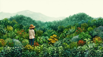 Fototapeta premium A farmer revitalizes their land by switching to permaculture, captured in lush flat design art