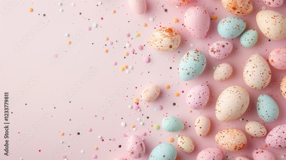 Aufkleber easter eggs on soft pink background with sprinkles creating a whimsical and cheerful atmosphere perf