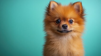 Obraz premium Cute Pomeranian Dog Portrait Against a Turquoise Background