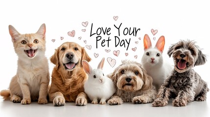 Love Your Pet Day concept. Happy pets celebrating Love Your Pet Day with playful expressions in a cheerful group setting.