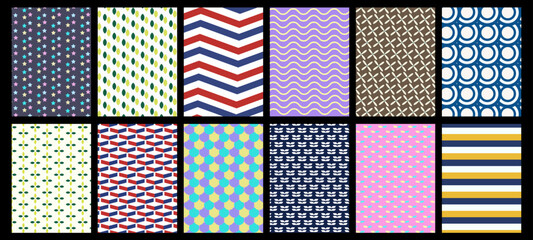 collection of backgrounds with simple and fun repeating patterns. Abstract colorful backgrounds for cards, posters, covers, banners, or branding.