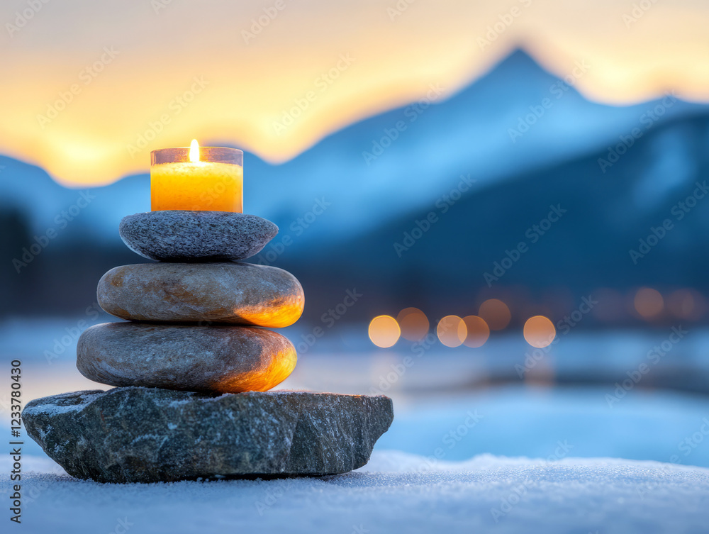 Poster tranquil candle lantern on stone stack at sunset with mountain background and soft bokeh