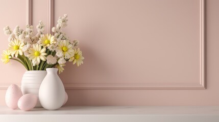 Springtime Floral Arrangement with Soft Pink Background and Decorative Eggs for Seasonal Home Decor Inspiration and Celebrations in a Minimalist Style