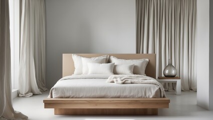 Serene Bedroom Design with Wooden Bed and Neutral Tones