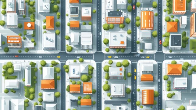 Aerial city view Urban planning, road network, buildings, trees, sunlight