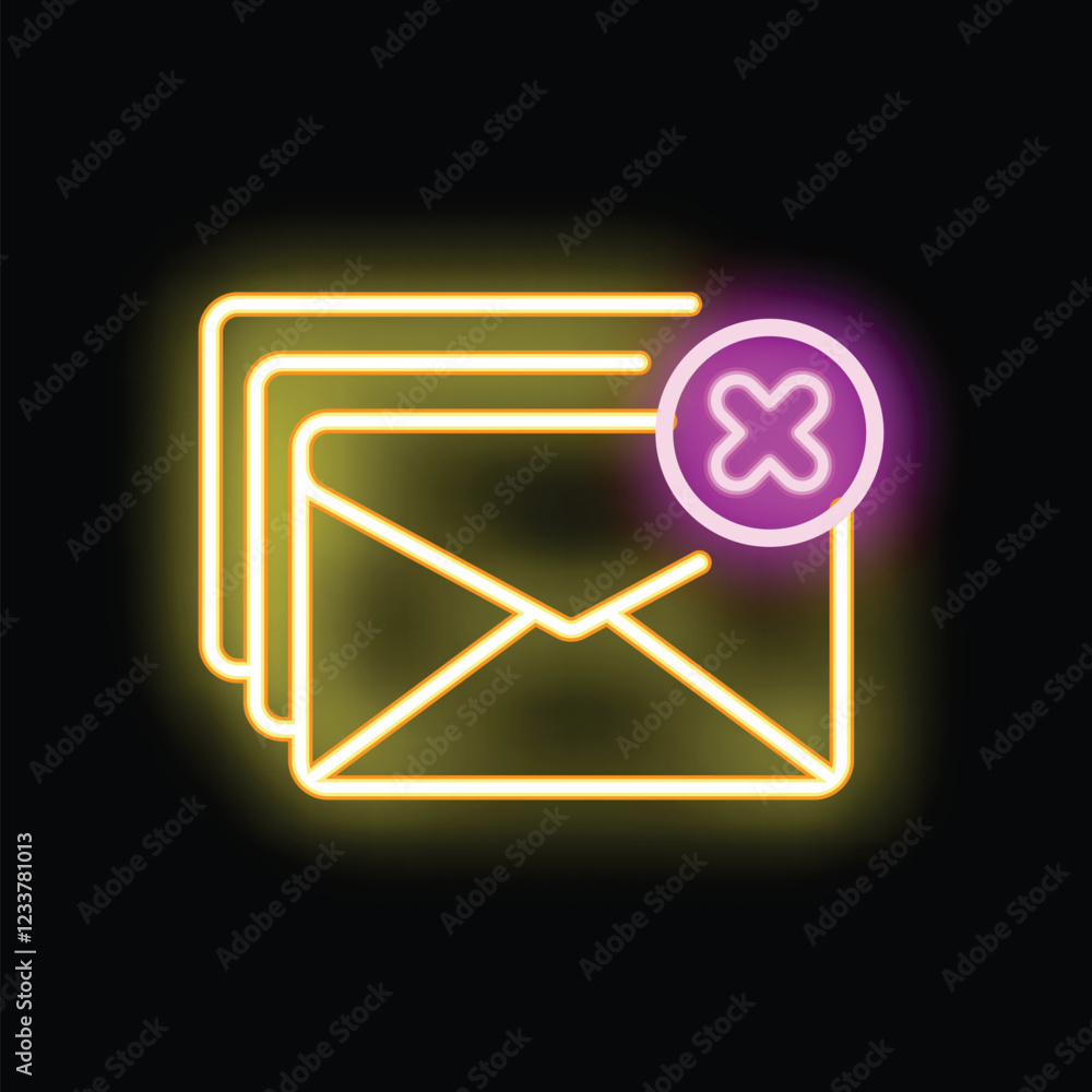 Poster neon icon showing a stack of unread emails being deleted with a cross symbol