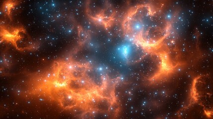 Obraz premium A vibrant cosmic scene displaying swirling orange gases and bright blue stars against a dark backdrop of space.