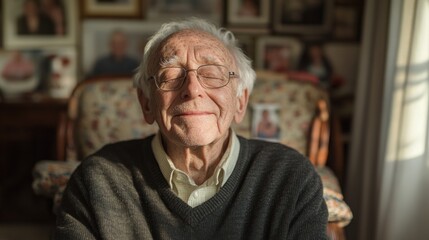 Elderly man enjoying a peaceful moment in a cozy living room