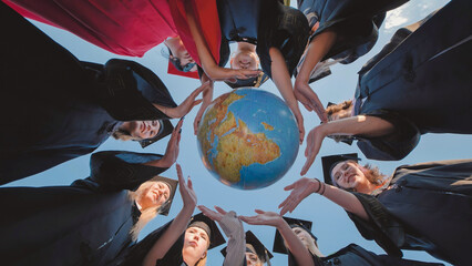 Students in graduation gowns encircling a globe, signaling their preparedness for international...