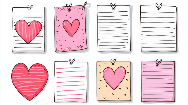 Illustrated love notes with hearts and doodles on paper
