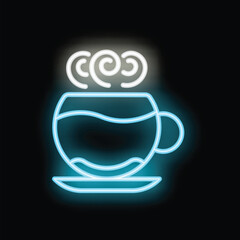 Bright aqua neon sign showing a steaming cup of coffee on a saucer, perfect for attracting customers on a dark street