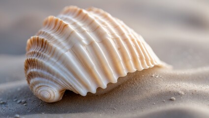 Obraz premium Close up of seashell lying on wet sand with intricate ridges and natural curves.