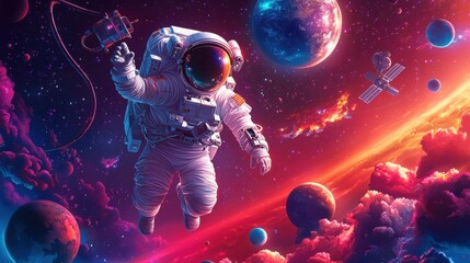 A vibrant astronaut floats in space, surrounded by colorful planets, cosmic clouds, and distant stars, creating a surreal and captivating cosmic scene.