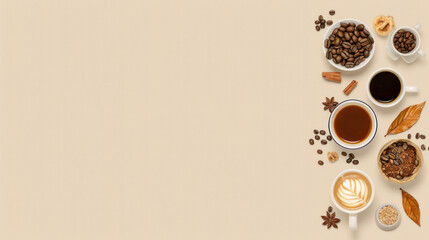 Obraz premium Assorted Coffee Drinks and Ingredients on Beige Background with Coffee Beans, Cinnamon Sticks, and Pastries for Café, Coffee Shop, or Food Photography