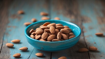 A blue bowl filled with almonds sitting on a wooden table.