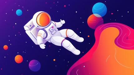 A colorful digital illustration of an astronaut floating in space with vibrant planets and a cosmic background.