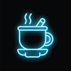 Neon blue icon of a steaming mug with a cinnamon stick is glowing on a black background