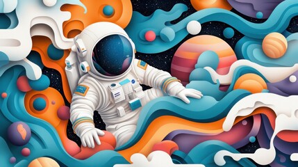 A colorful illustration of an astronaut floating amidst vibrant swirls, planets, and clouds, creating a surreal cosmic atmosphere.