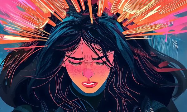 Woman stressed, head pain, explosion background, mental health