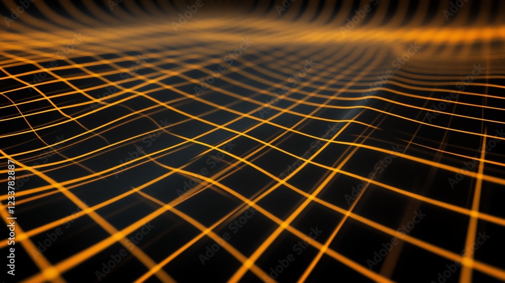 Poster abstract digital network with an orange wireframe on a dark wavy background creating a 3d effect