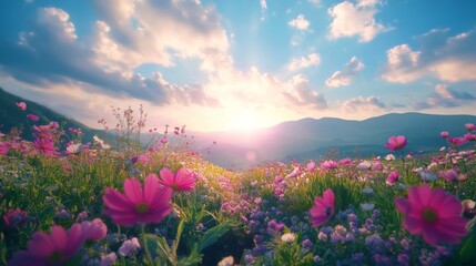 Fototapeta premium Vibrant Cosmos Flowers Bloom In Sunset Mountain Meadow